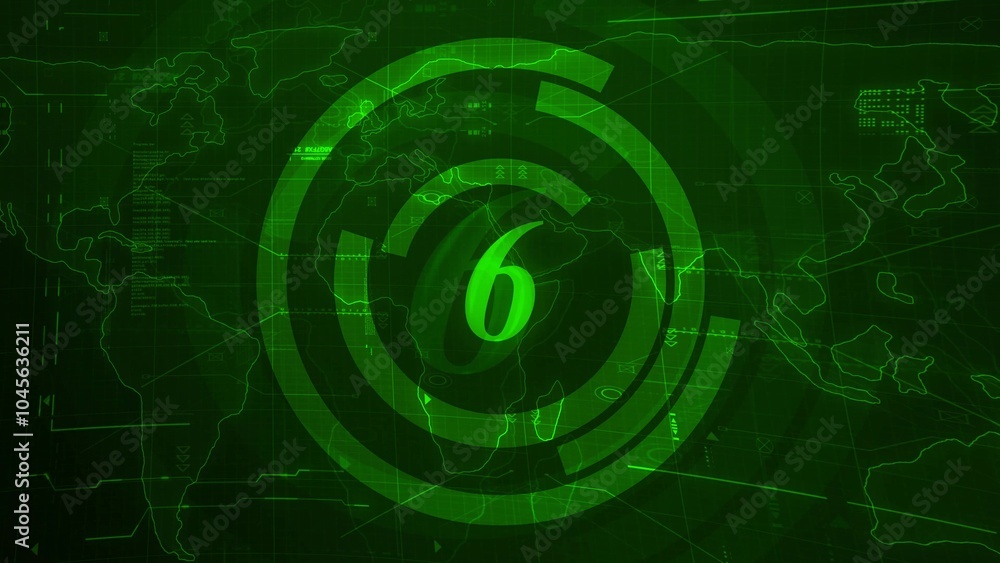 Poster digital countdown with number six on futuristic map