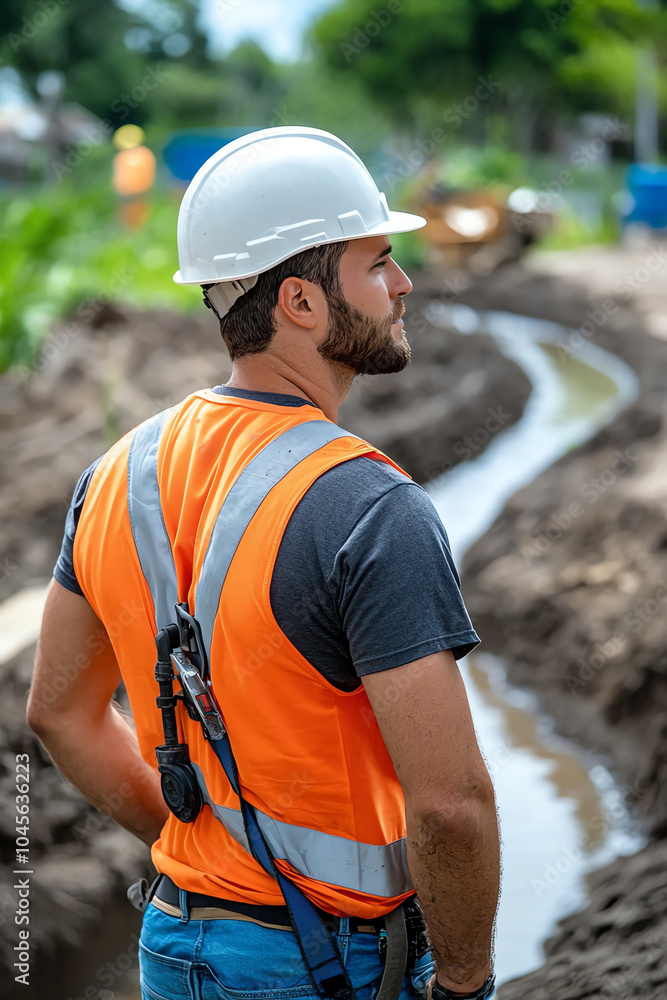 Poster a construction worker overseeing site development with a focus on safety and efficiency