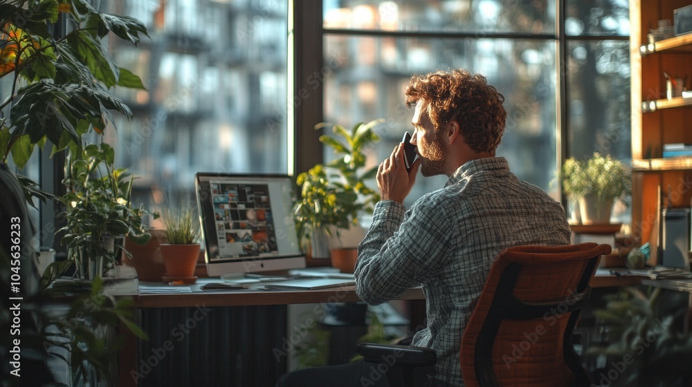Poster a man is talking on his cell phone while sitting at a desk with a laptop