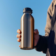 person holds sleek, metallic water bottle against clear blue sky, showcasing its modern design and functionality. image captures essence of hydration and outdoor adventure