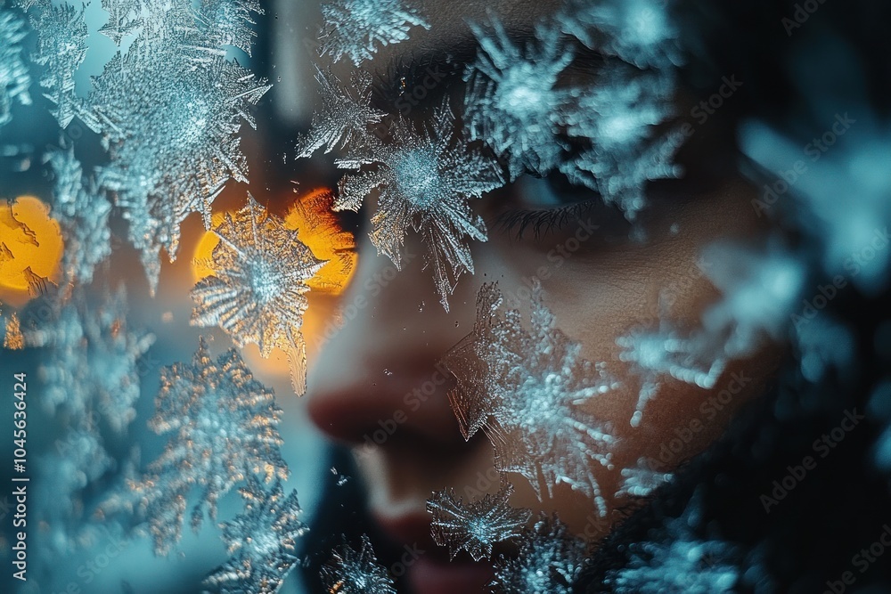 Poster a close-up of a person’s face partially obscured by intricate frost patterns on glass.