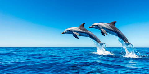 Two dolphins leaping gracefully above ocean waves, symbolizing freedom and joy, ideal for wildlife conservation themes and aquatic adventures