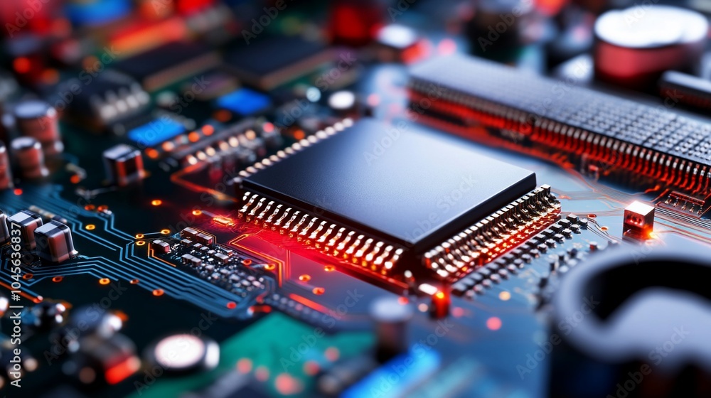 Poster closeup of a computer chip on a circuit board.