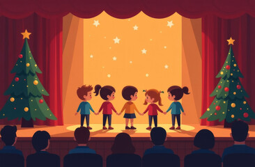 Children show performance on the stage of the theater, the audience is sitting in the hall, New Year decorations and Christmas tree
