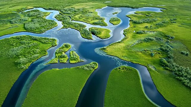 Bird&acirc;&euro;&trade;s-eye view of a coastal marshland with winding waterways, patches of greenery, and wildlife visible from above. . Video
