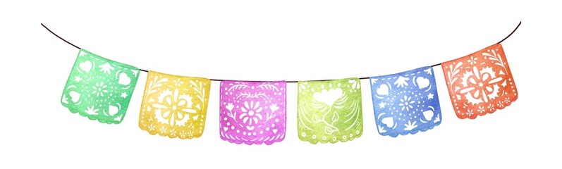 Mexican paper cut holiday flags. Cinco de mayo, dia de los muertos, viva Mexico papel picado isolated
