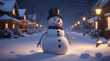 Obraz premium Joyful snowman with top hat standing in a snowy street at night with glowing street lamps