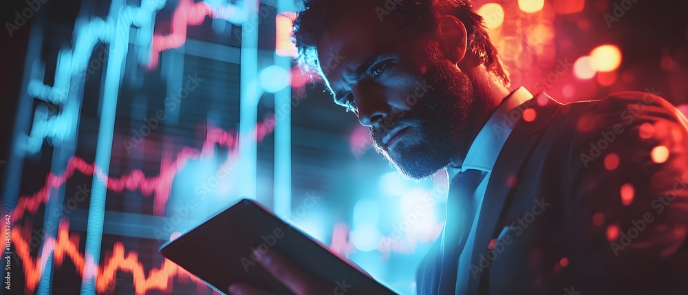 Poster Focused Trader Analyzing Market Trends with Technology