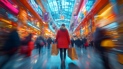 Woman Shopping During Black Friday Sale in Colorful Mall Scene