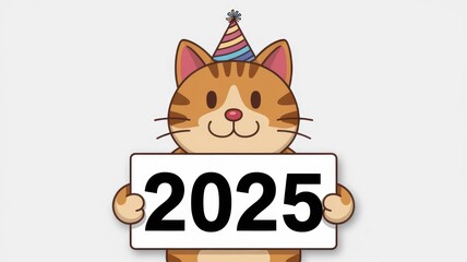 Smiling Cartoon Cat Holding a Sign Displaying the Year 2025