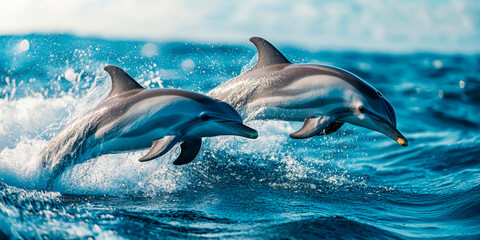Two dolphins leaping gracefully above ocean waves, symbolizing freedom and joy, ideal for wildlife conservation themes and aquatic adventures