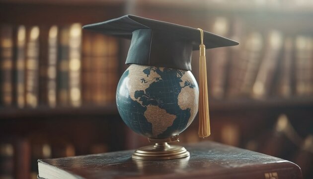 Global Business Study Graduation Cap With Earth Globe For Education In A Worldly Setting And Language Learning In Universities Worldwide.