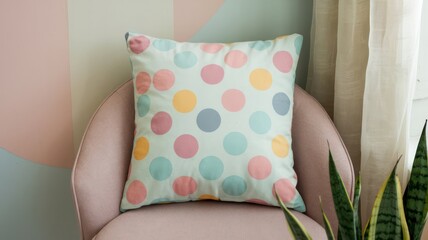 Decorative Polka Dot Pillow Resting on a Pastel Pink Armchair in a Cozy Living Room Setting