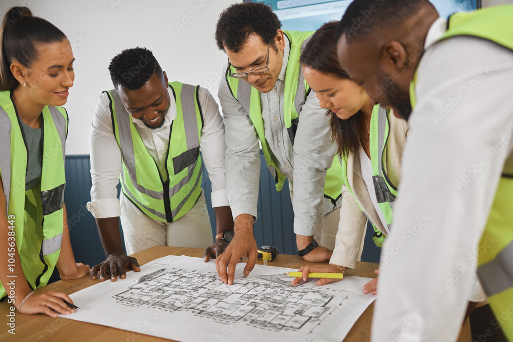 Poster architecture, team and design in office for planning, brainstorming or collaboration. engineer peopl
