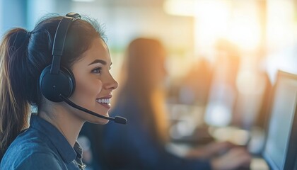 Woman With Headset: A Proud And Happy Telemarketing Agent Providing Support And Consulting Services In A Call Center Office.