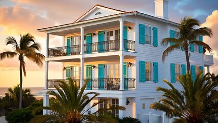 Fototapeta premium beachfront house with balcony, beachfront, coastal cottage with palm trees, palm trees, cottage, teal,