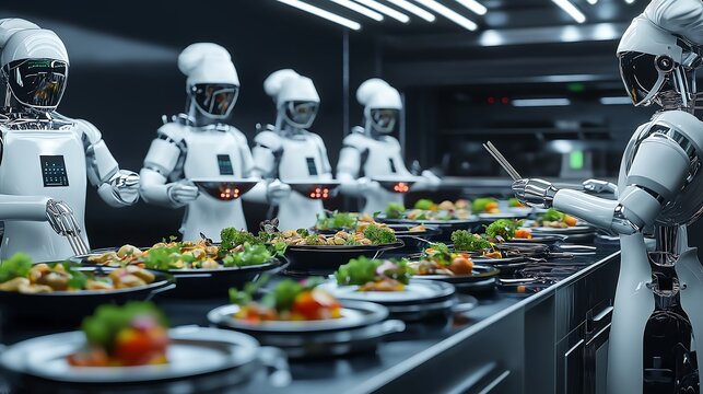Robot chef preparing multiple dishes simultaneously in an automated kitchen, robotic cooking, future of culinary arts.