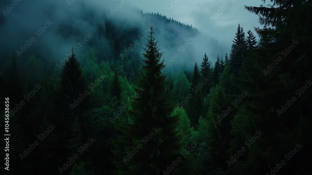 Poster a misty forest with tall pine trees in the foreground and a mountain shrouded in fog in the backgrou