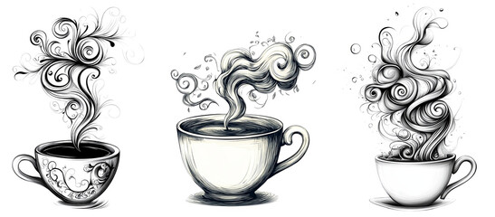 Artistic black and white coffee cups with swirling steam transparent background
