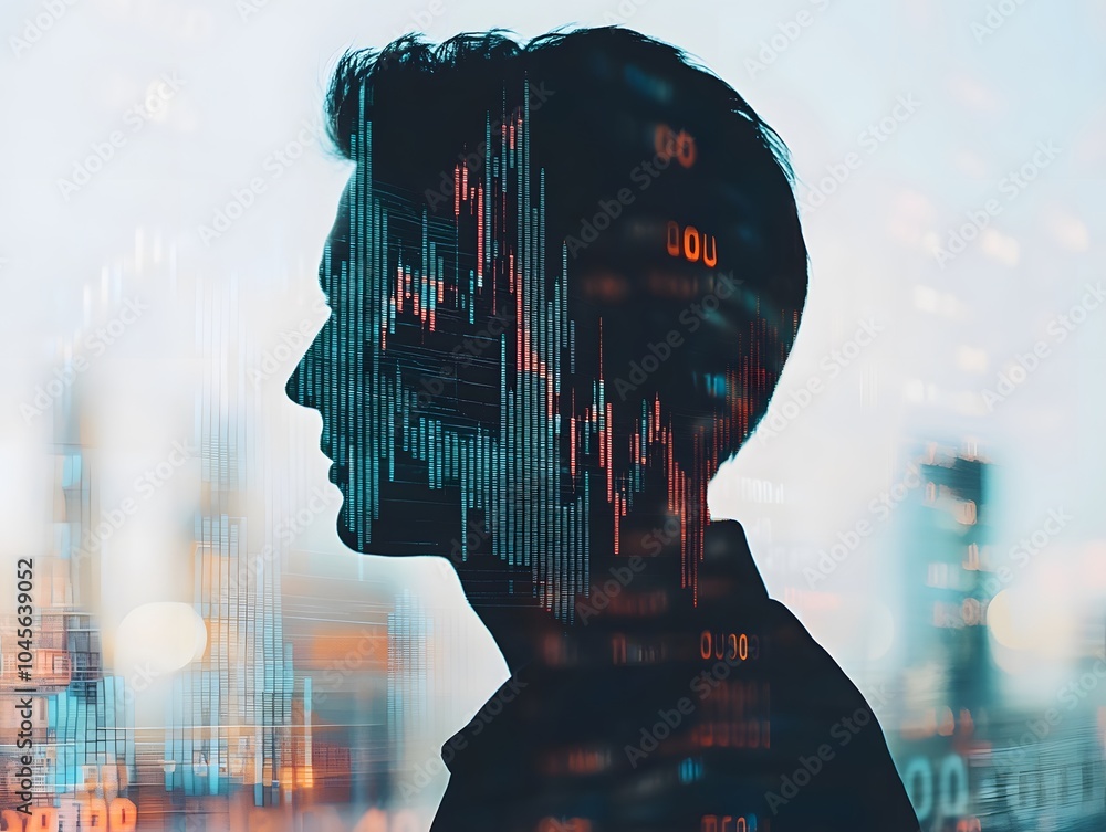 Poster Trader Silhouette Against Market Data Background