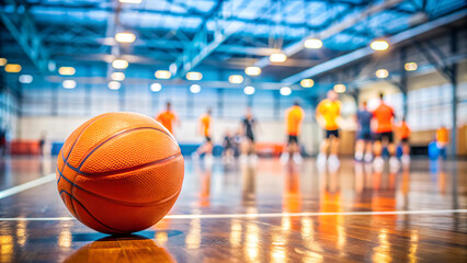 Basketball on the court with players in action and blurred background in a gymnasium