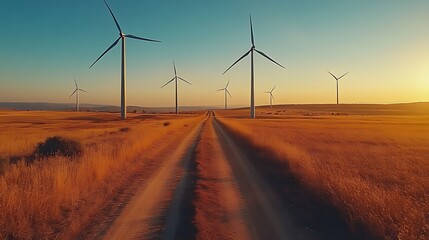 Obraz premium A dirt road leads through a field of tall grass towards a row of wind turbines silhouetted against the setting sun.