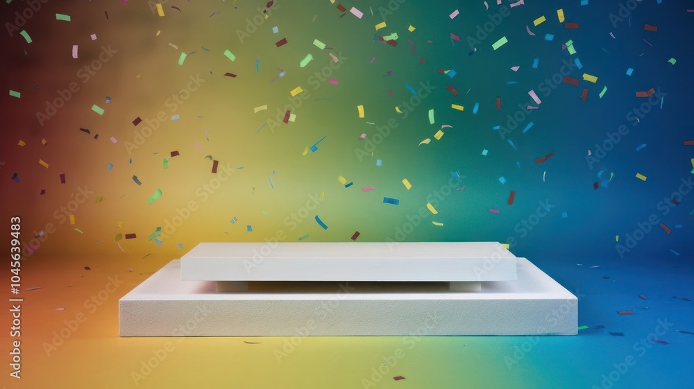 Poster display platform with confetti and a soft gradient background