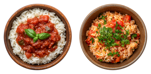 Kits of Bowls with Rice and Tomato Sauce, Isolated on Transparent Background, Ideal for Meal Prep Apps, Recipe Planning Tools, and Diet Guides