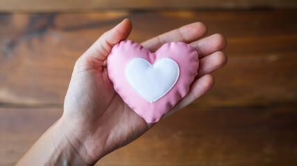 Fototapeta premium Soft Pink Heart-Shaped Cushion Held in a Hand on a Wooden Table