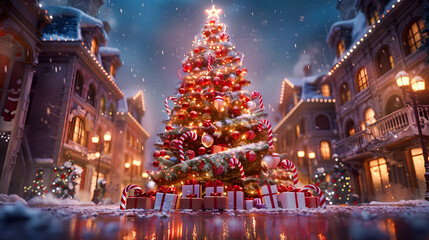 A giant Christmas tree in the fairy tale world, decorated with candy cane. Perfect for holiday-themed design projects and festive decorations