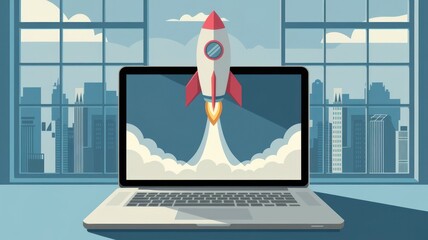 Rocket Launching From a Laptop Screen on a City Background