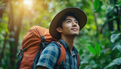 Handsome Asian Male Backpacker Explores Forest Wilderness Alone, Experiencing Joy And Adventure On Holiday Trip Through Nature Wood.