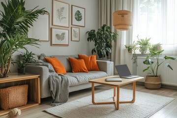 Fototapeta premium A cozy living room filled with plants and natural light in a stylish modern apartment