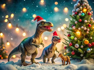 Dinosaurs Celebrating Christmas with Bokeh Lights and Festive Cheer