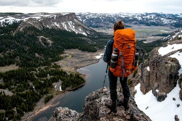 A backpacker with gear standing on a ridge, overlooking their campsite in the valley below, backpacking campsite view, explorer s perspective