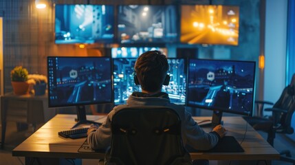 A young man is playing a game in front of a PC, wearing headphones