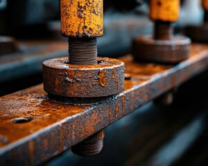 Close-up of rusty bolts and nuts on a metal surface, showcasing aged industrial details and weathered textures.