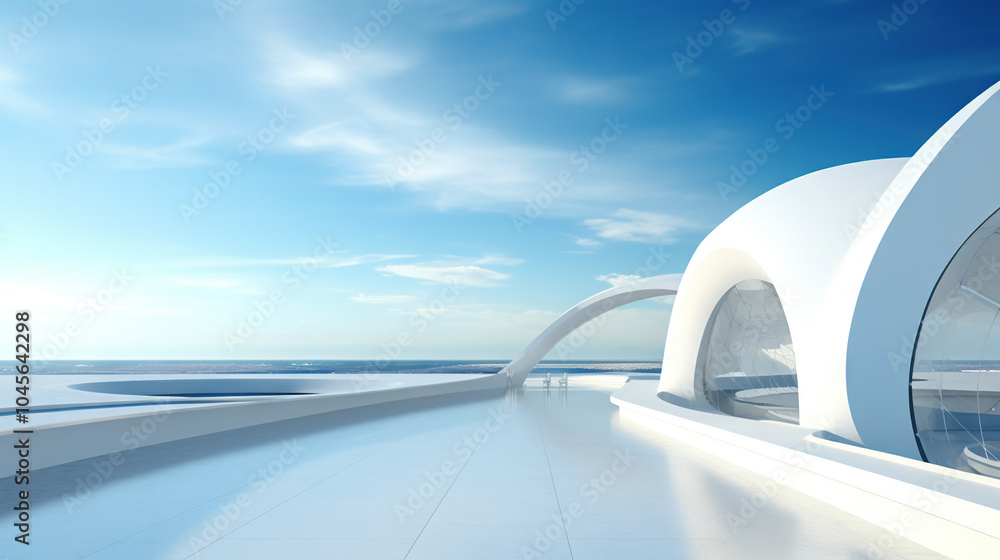 Poster Abstract architecture scene with smooth curves. Abstract background with futuristic building in white and blue colors.