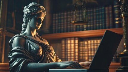Fototapeta premium Statue of Justice and lawyer working on a laptop