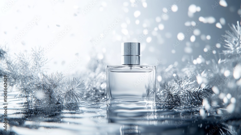 Poster a glass perfume bottle stands elegantly on water, surrounded by sparkling frost and subtle light ref