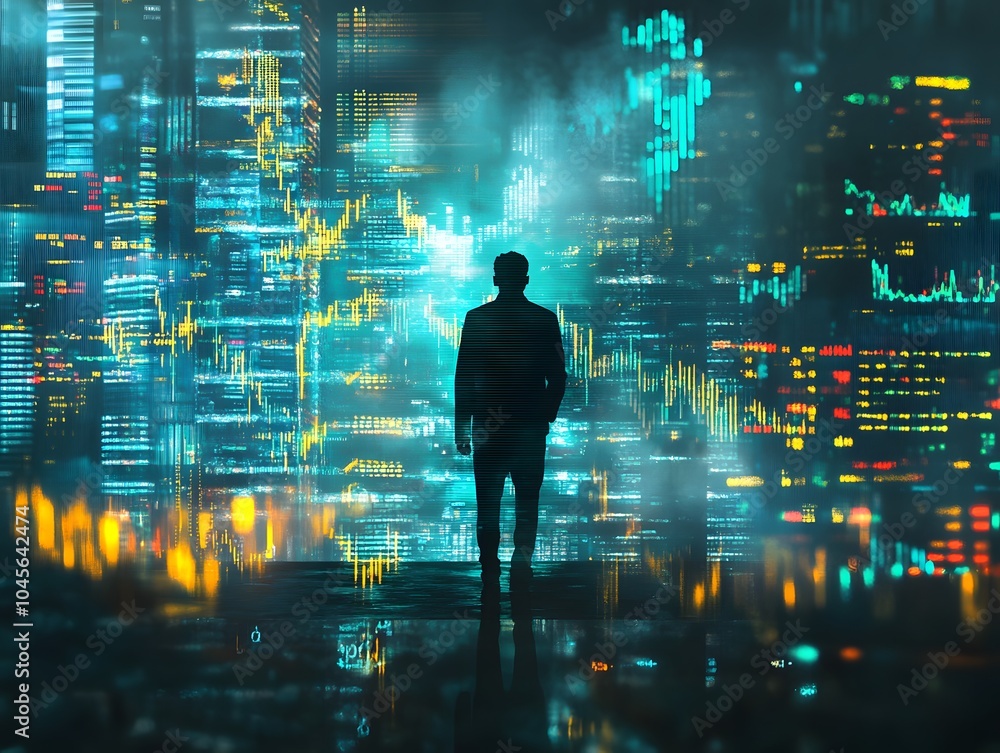Poster business trader standing in digital cityscape