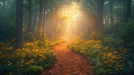 Obraz premium A serene forest path illuminated by sunlight, surrounded by vibrant flowers.