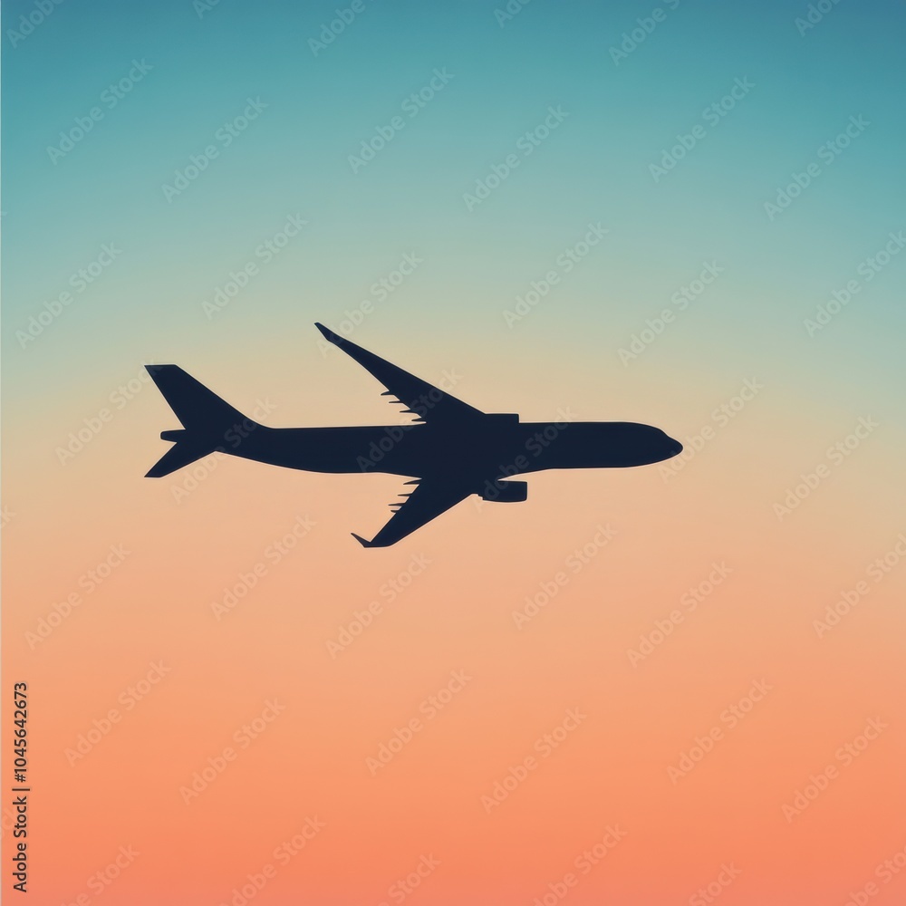 Poster an airplane silhouette glides effortlessly through a colorful twilight sky, evoking a sense of wande