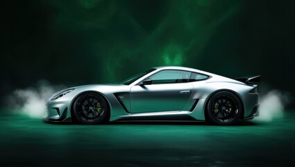 Fototapeta premium Sleek Silver Sports Car Showcasing Aerodynamic Design in a Dimly Lit Studio With Dramatic Lighting