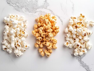 Colorful assortment of popcorn varieties displayed on a marble surface, perfect for snack lovers and food photography.