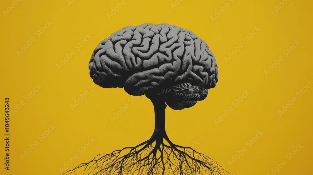 Poster a striking image of a brain depicted as a tree, with roots extending downwards, set against a vibran