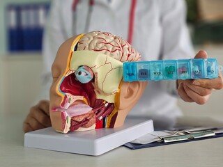 Doctor holding brain model and pills in clinic