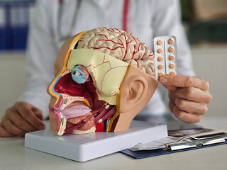 Doctor holds psycho neurological pills for brain in hands