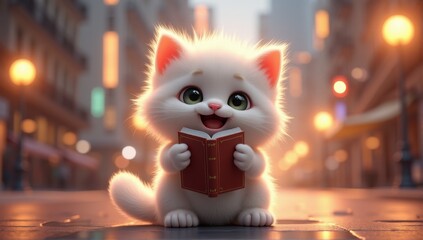 Adorable fluffy kitten holding a small book in its paws, sitting on a city street lit by warm, glowing lights in the evening.
