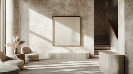 Clean and modern home interior with a frame mockup mounted on a textured wall, surrounded by elegant furniture